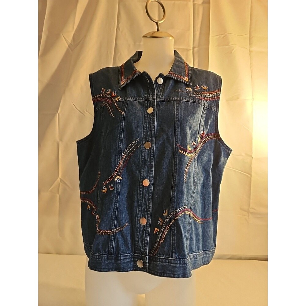 N Touch Women's Denim Embroidered Vest Size L, 100% Cotton